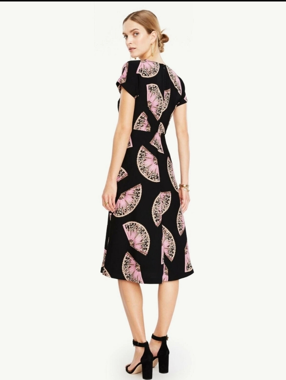 Loft Black & Pink Fan-Print Midi Dress